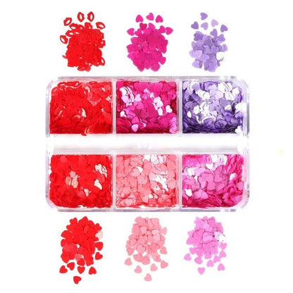 Nail Glitter Sequins 6Grids Mixed Red Black Heart Valentine's Day Manicure Decor