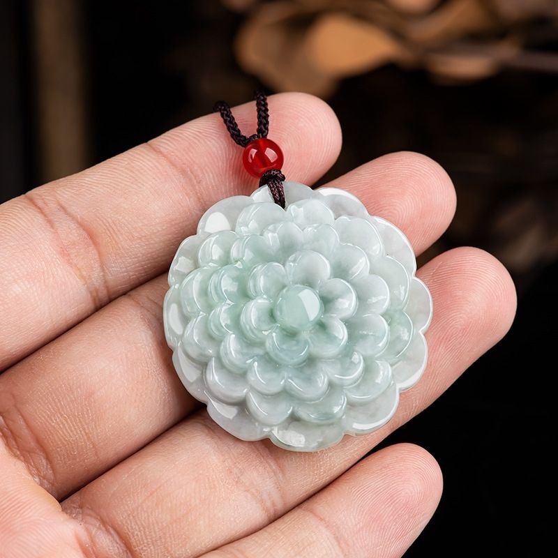 Natural Burmese Grade A Jade Peony Pendant Icy Jade Women's Necklace Jewelry