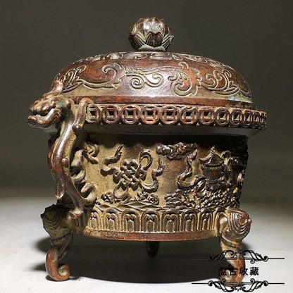 Wealth Dragon Ear Incense Burner 8.5cm Carved Eight Auspicious Symbols