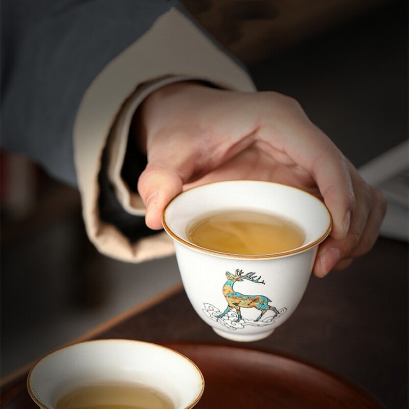 ruyao craft crackle glaze porcelain tea cup 100ml ox deer print personal cup new