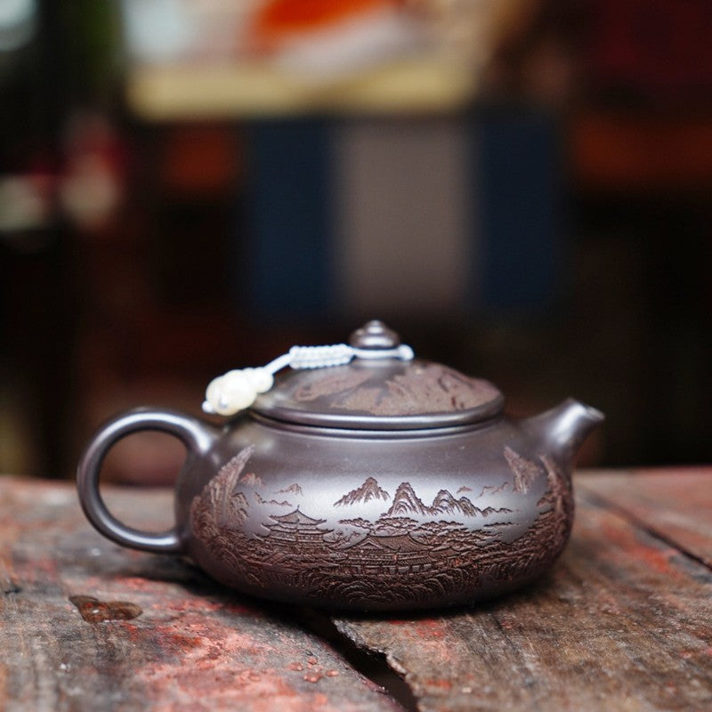 Yixing Zisha Tea Pot "Lone Boat On Cold River" Landscape Design Handmade Pot New