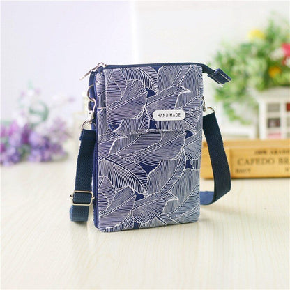 Canvas Leaves Print Women Handbag Small Shoulder Crossbody Phone Bag Money Pouch