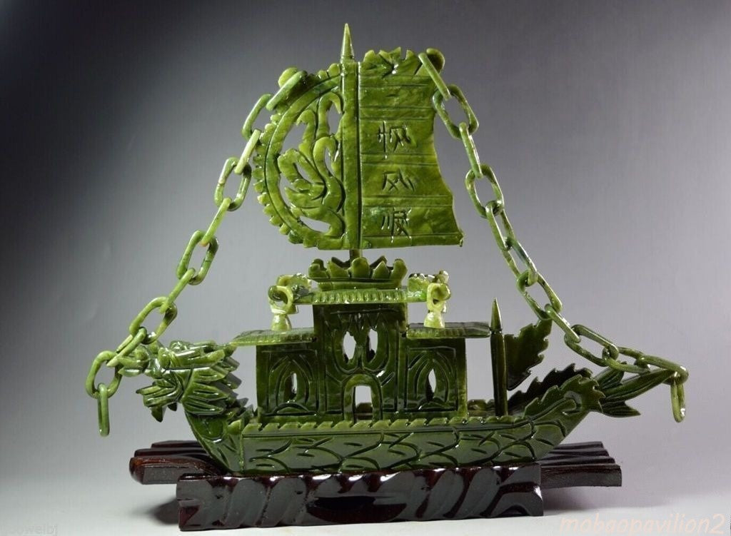 Chinese Hand Carved Natural Jade Dragon Incense Statue Dragon Boat Decoration