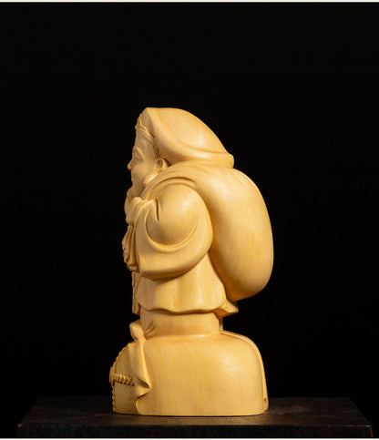 10CM Tall Daikokuten Boxwood Sculpture God of Wealth Wood Carving Statue