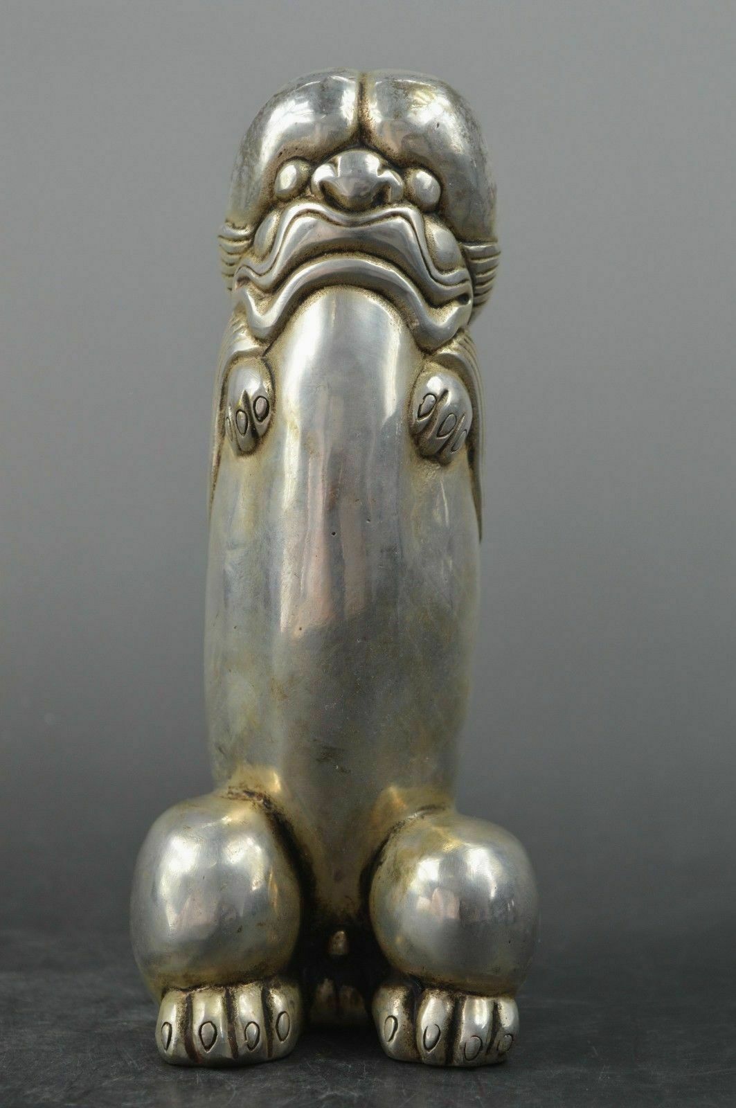 Chinese silver carved guard Foo Dogs Lion statues Collected