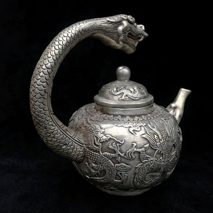Vintage Chinese Silver Plated Copper Dragon Teapot Xuande Style 15cm
