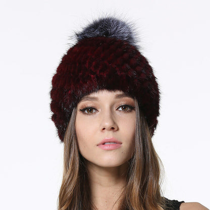 Winter Mink Fur Hats Beanies Women Real Silver Fox Fur Ball Caps Knitting Liner