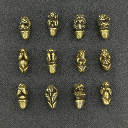 12 Pcs Brass Chinese Zodiac Animals Charm Beads Penis Figurine Collection