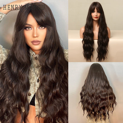 Long Wavy Wigs with Bangs Cosplay Party Synthetic Hair Wigs for Black Women