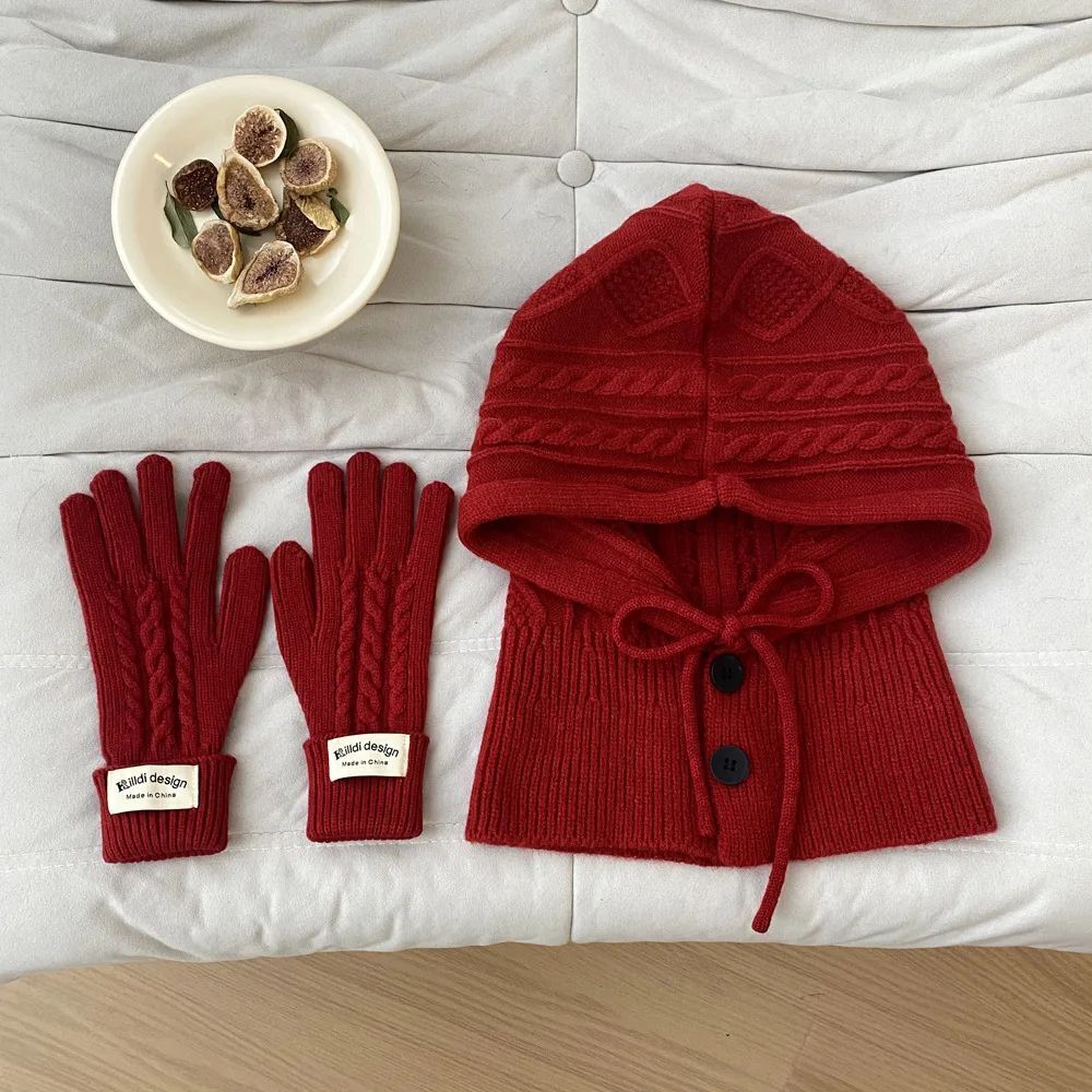 Women Winter Knitted Hat Gloves Set Warm Thicken Imitation Cashmere Scarf Shawls