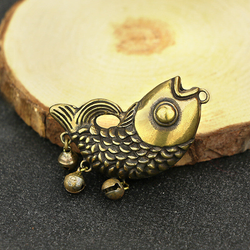 Brass Keychain Pendant Small Copper Fish with Bells Pendant Chinese Antique -