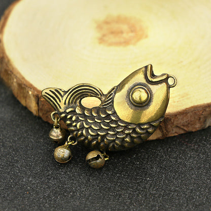 Brass Keychain Pendant Small Copper Fish with Bells Pendant Chinese Antique -
