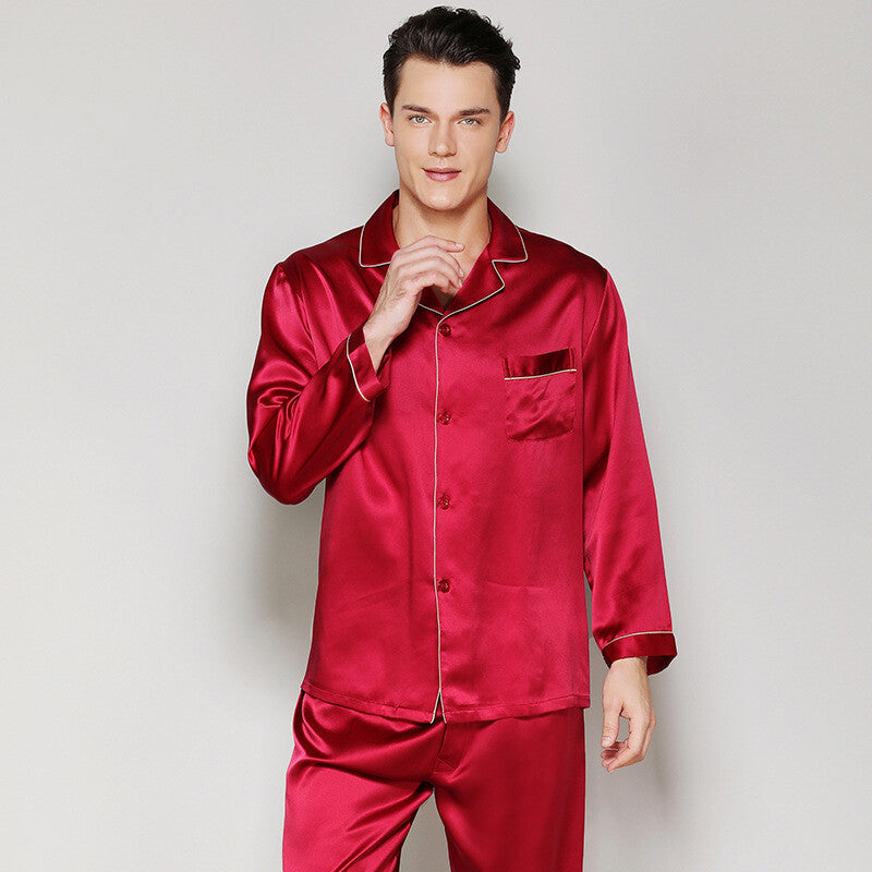 Men's Pajama Sets Mulberry Silk 100% Sleepwear Soft Long Sleeve Shirts Lapel New