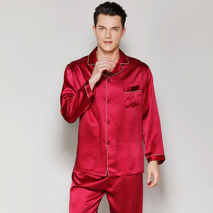 Men's Pajama Sets Mulberry Silk 100% Sleepwear Soft Long Sleeve Shirts Lapel New