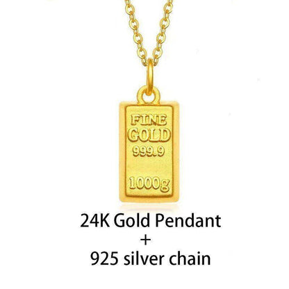 Real 24k Pure 999 Gold Pendant Necklace Luxury Gold Bricks Design Pure Chain
