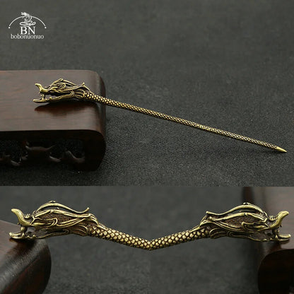 Copper Dragon Head Tea Knife Desk Ornaments Vintage Brass Miniatures Figurines