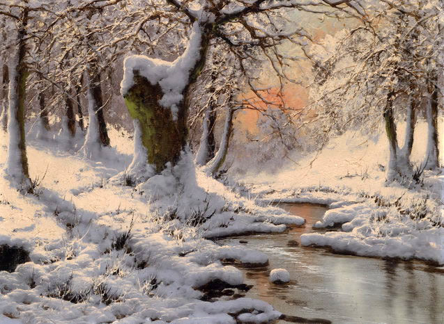 Dream-art art Oil painting beautiful winter snow landscape with stream in sunset