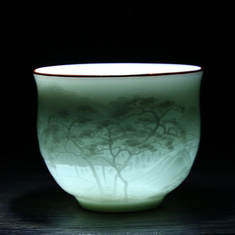 120ml Jingdezhen Ceramic Cup Sample Tea Cup Shadow Green Sculpture Cup