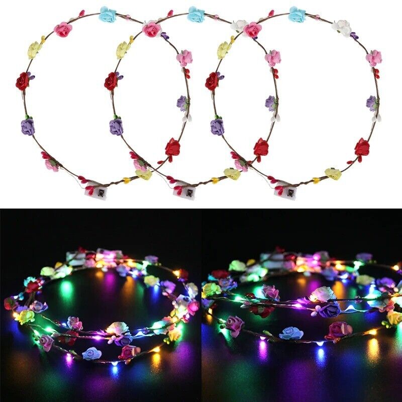 Flower Crowns Neon Headband Adjustable Garland Glow Nights 10 LED Wreath Plastic