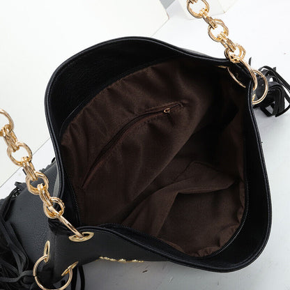 Celela Bohemian Style Retro Fashion Trend Rivets Leather Tassel Shoulder Bag