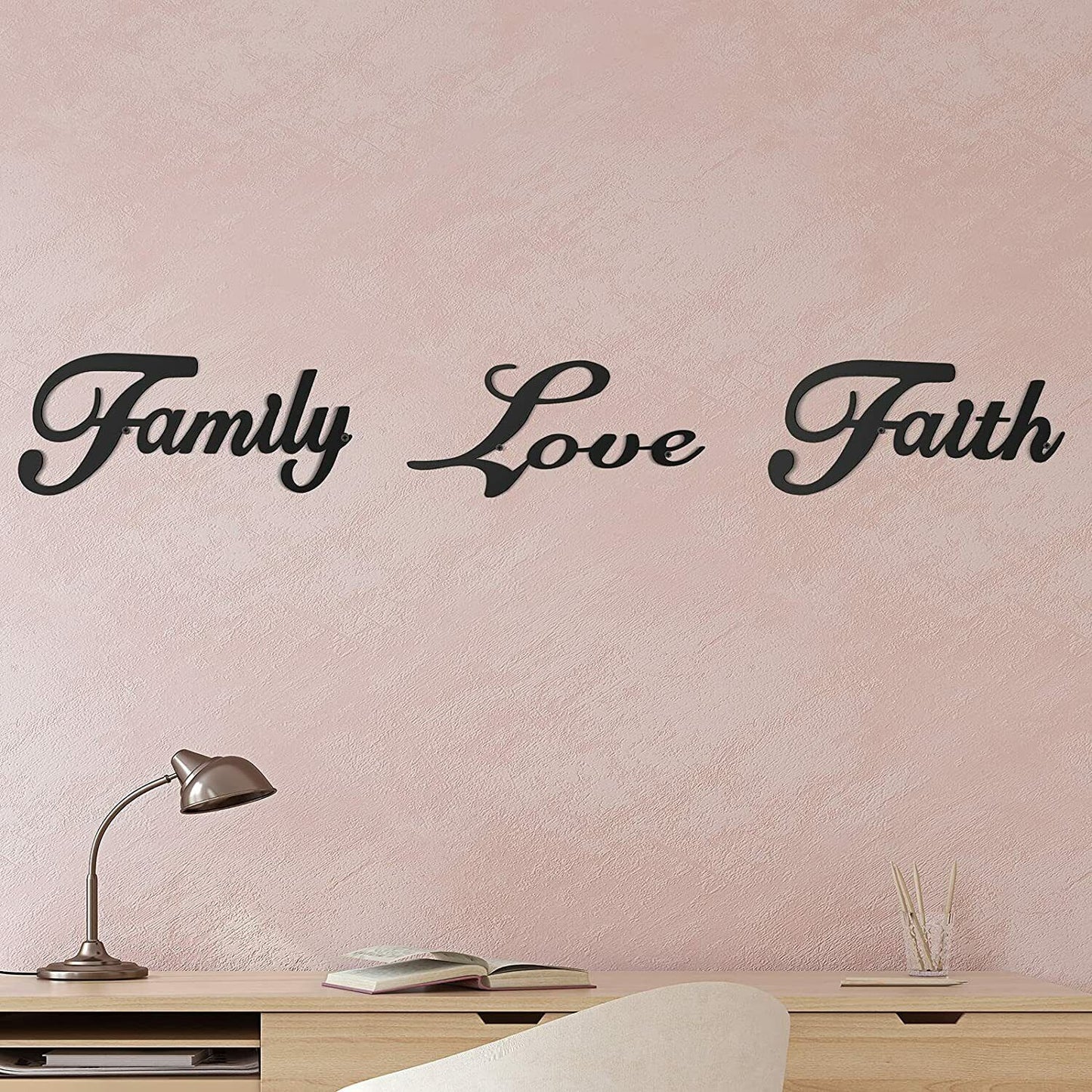 3 Pieces Metal Word Sign, Black Rustic Faith Family Love Wall Art Sign