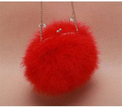 New Designer Fluffy Genuine Feather Clutch Fur Bag Round Chain Purse Multi-color