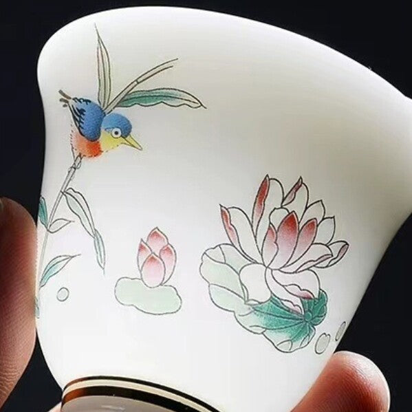 One Tea Cup Fat Mutton Jade Porcelain Cup Bird Flower Painted Chinese Master Cup