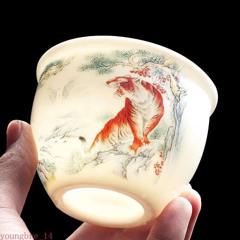 Jade Ceramic Tea Cup Zodiac Tiger Tea Cup Master Cup White Porcelain Tea Set