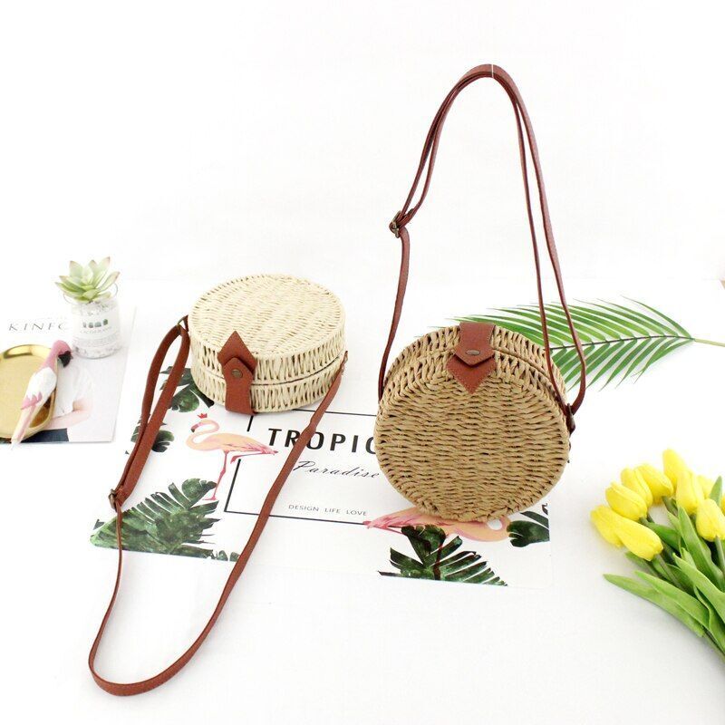 Women Summer Rattan Bag Round Straw Handmade Beach Bag Bohemia Handbag 1PC Green