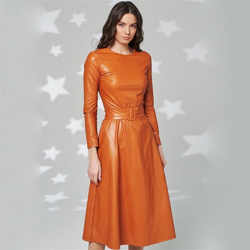 Womens Dresses Belt Faux Leather Long Sleeve Slim Fit A-line Full Length Solid