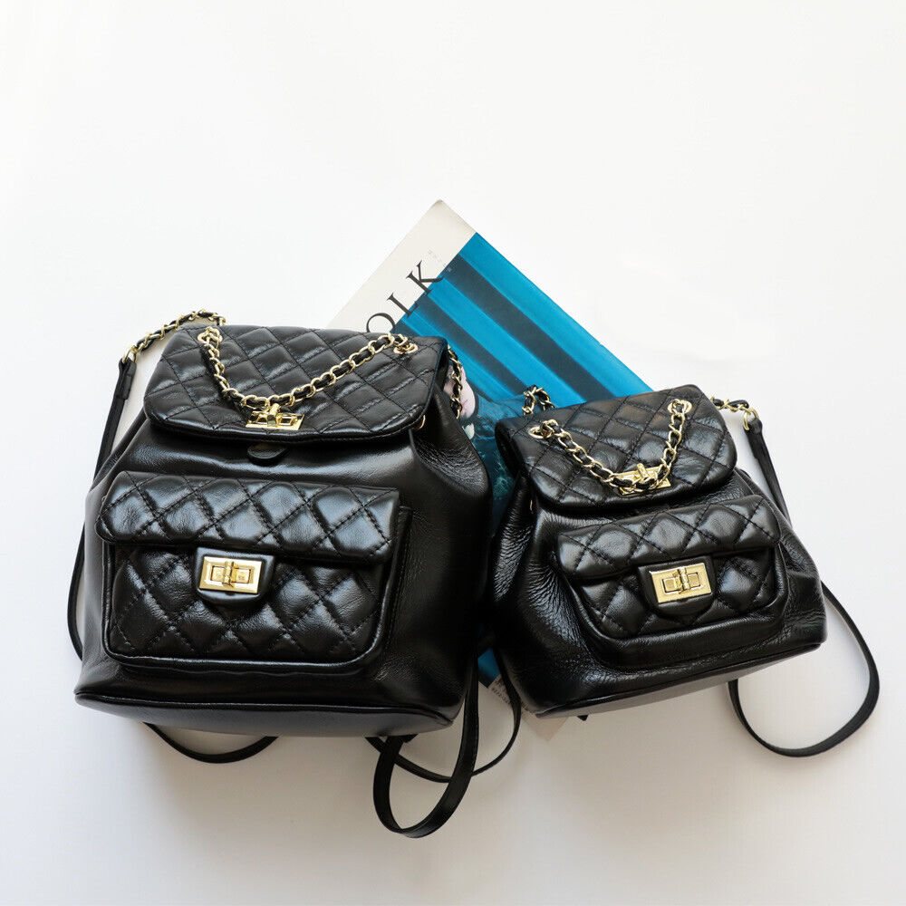 Small Mini Quilted Leather Backpack Drawstring Bucket Bag Flap Purse Chain Strap