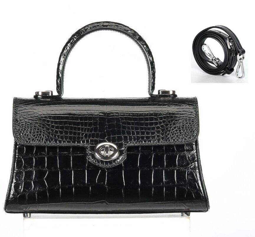 Black Alligator Crocodile Belly Skin Handbag, New Desinger Women's Shouler Bag