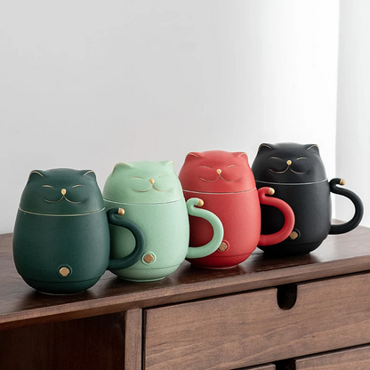 Embersceramic Lucky Cat Ceramic Tea Cup with Infuser Cute Cat Tea Mug with Lid