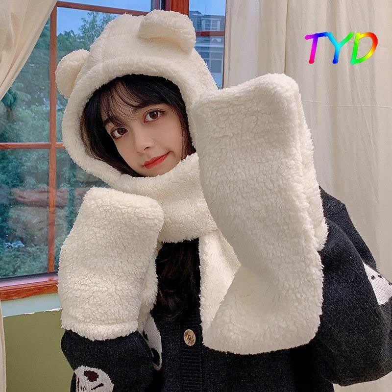Women Fluffy Scarf Hat Gloves Set Warm 3In1 Hooded Cartoon Bear Cute Ears Winter