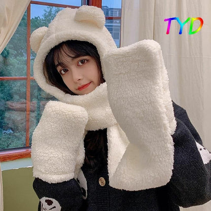 Women Fluffy Scarf Hat Gloves Set Warm 3In1 Hooded Cartoon Bear Cute Ears Winter