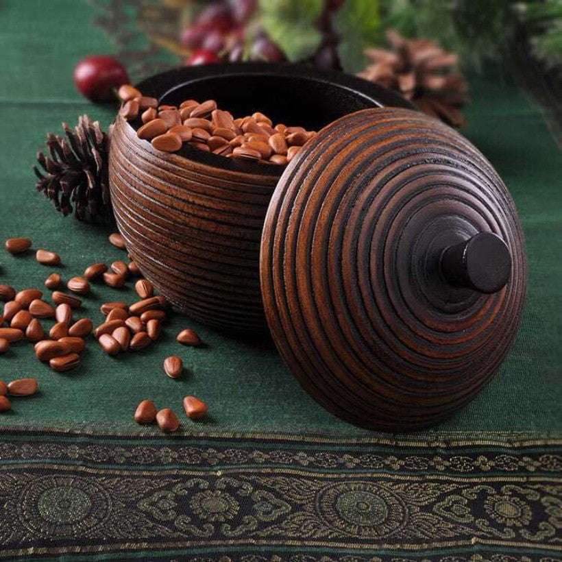 Solid Wood Carved Storage Jar 15cm Vintage Tea Nut Go Game Box with Lid