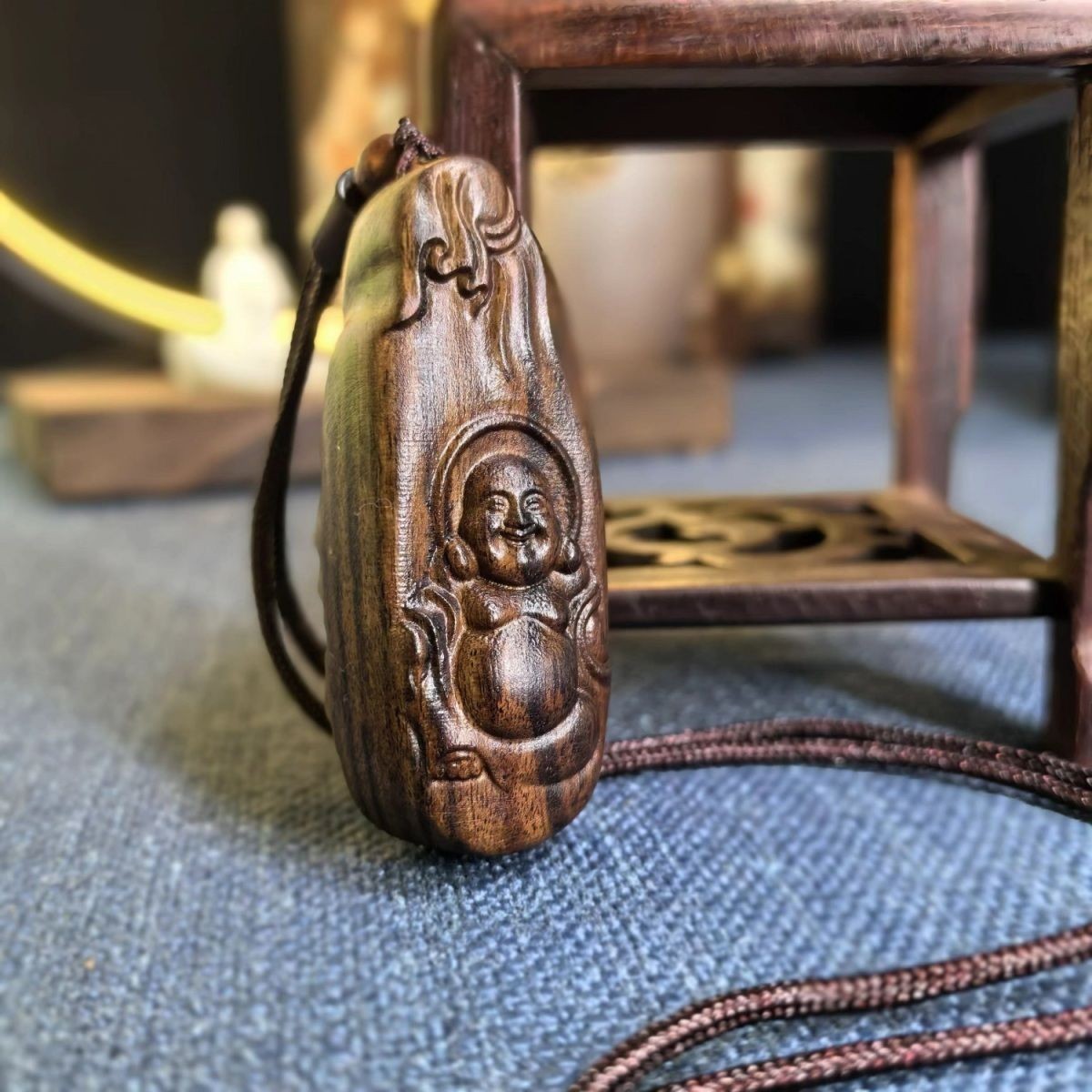 Natural Wood Carving Necklace Maitreya Buddhism Pendant Men Woman Blessing Gift