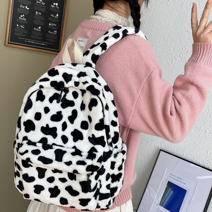 Warm Plush Backpack Teenager School Bag Cow Print Multi-Pocket Travel 37*27*10CM