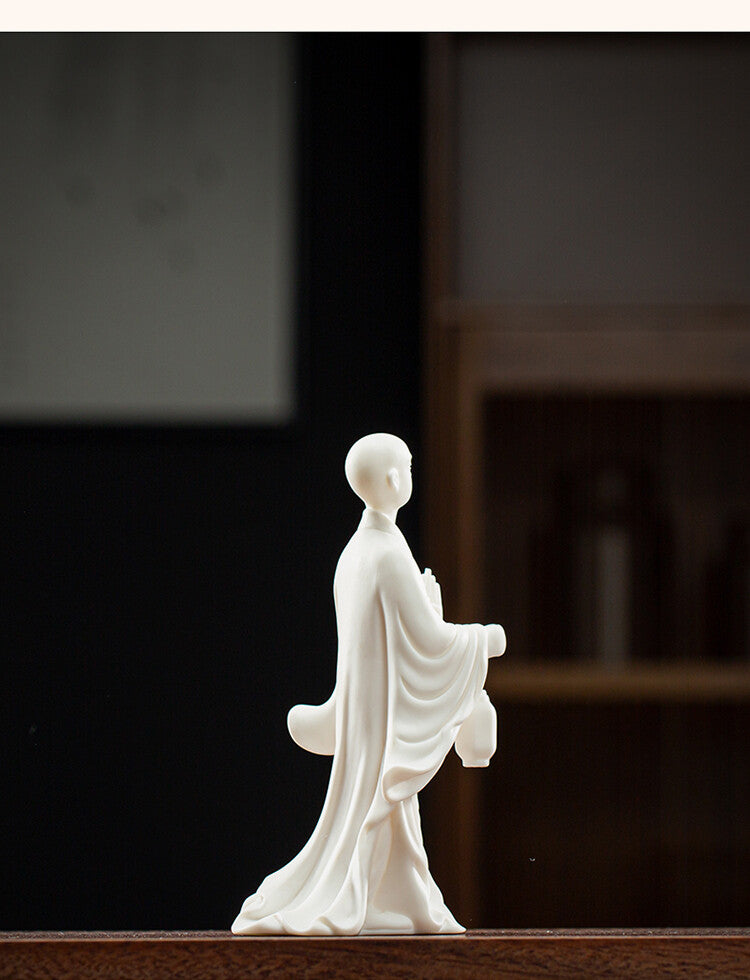 New White Porcelain Statue Monk Lantern Buddhism Zen Office Study Table Decor