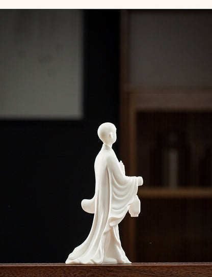 New White Porcelain Statue Monk Lantern Buddhism Zen Office Study Table Decor
