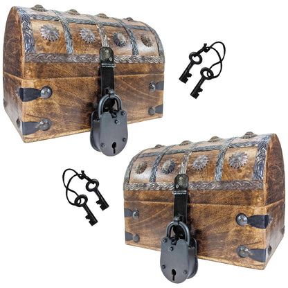 2 Pack Pirate Treasure Chest Wooden Nautical Jewelry Box + Functional Lock/Keys