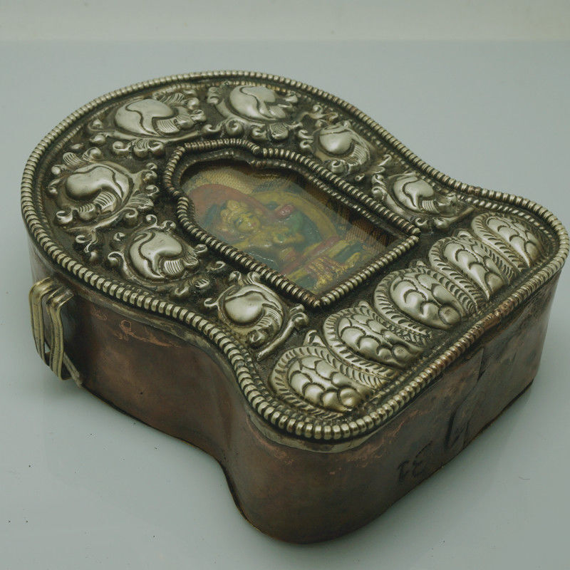 4.92" Old Collected Buddhist Nepalese Handmade Brass Box Stupa Rubbed Pendant