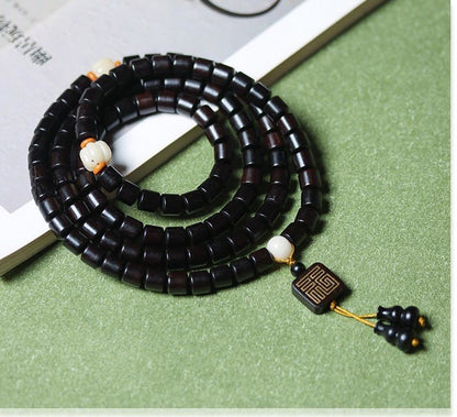 Ebony 108 Bead Mala Bracelet Square Pendant Handheld Unisex Prayer Bead