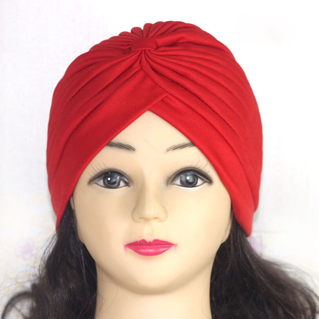 Women Stretchy Turban Hat Muslim Hat Solid Color Wrap Hijab Knotted Indian Caps