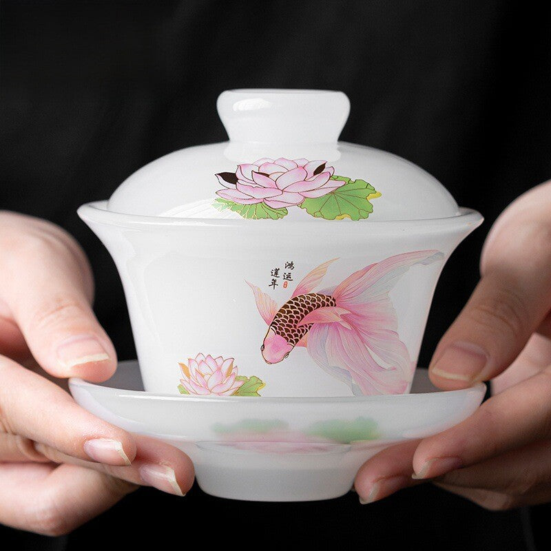 Ceramic Glaze Gaiwan Tureen Gold Fish Print Tea Cup Pitcher Chinese Tea Set New