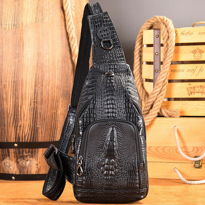 Top Cow Leather Sling Backpack,Crocodile Pattern Chest Crossbody Bag Daypack