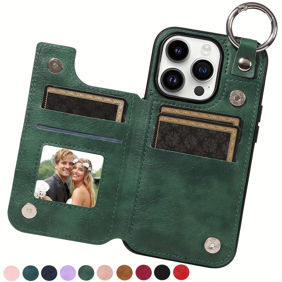 For iPhone 15 14 13 12 11 Pro Max Wallet Case with Card Holder Ring Buckle Cover