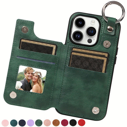 For iPhone 15 14 13 12 11 Pro Max Wallet Case with Card Holder Ring Buckle Cover