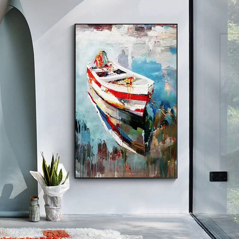 Modern minimalist decorative painting landscape oil painting boat mooring lroom