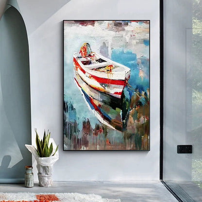 Modern minimalist decorative painting landscape oil painting boat mooring lroom